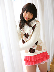 Miki undress her pink panties and demonstrates smooth vagina