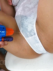 Ren Azumi with mouth covered gets vibrators in asshole and pussy