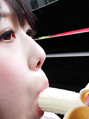 Machiko's tiny mouth could barely wrap around the hentai fruit and it didn't take long before she slowly pressed the banana against her perfect shaved pussy.