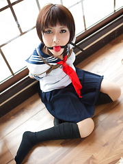 Dimdim Asian in school uniform is tied in ropes and canÂ´t scream