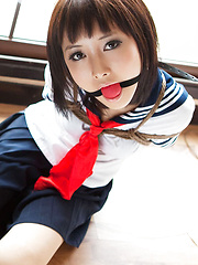 Dimdim Asian in school uniform is tied in ropes and canÂ´t scream