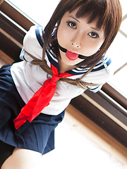 Dimdim Asian in school uniform is tied in ropes and canÂ´t scream