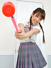 Mizuho Shiraishi Asian with uniform and pigtails plays like child