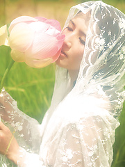 Neo Asian babe in white dress loves feeling her body in water