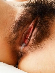 Nozomi Hazuki Asian has cum pouring from hairy twat after fucking