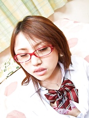Rino Mizusawa Asian in uniform gets cum on specs from blowjobs
