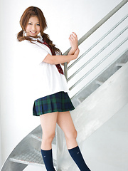 Sasha Asian chick shows pussy in panty under uniform short skirt