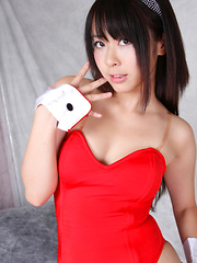 Rin Yoshino Asian is erotic bunny in black and red lingerie